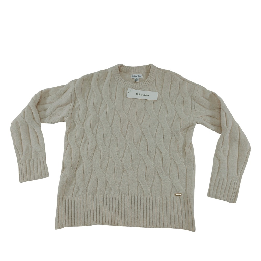 Calvin Klein Womens Wavy Cable Knit Crewneck Sweater Cream Size S